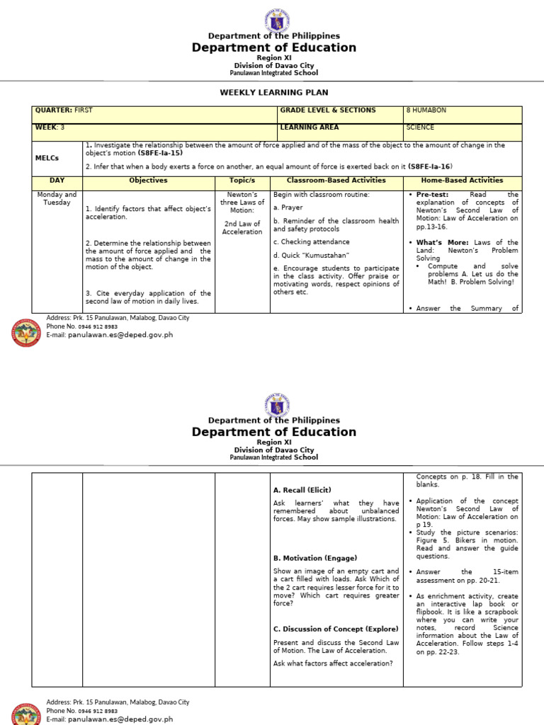 Grade 8 Science Weekly Learning Plan | PDF | Force | Newton's Laws Of ...