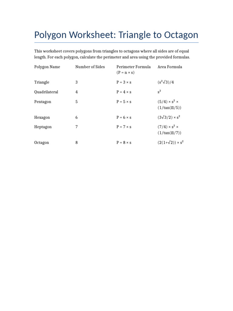 Polygon Worksheet Triangle to Octagon | PDF