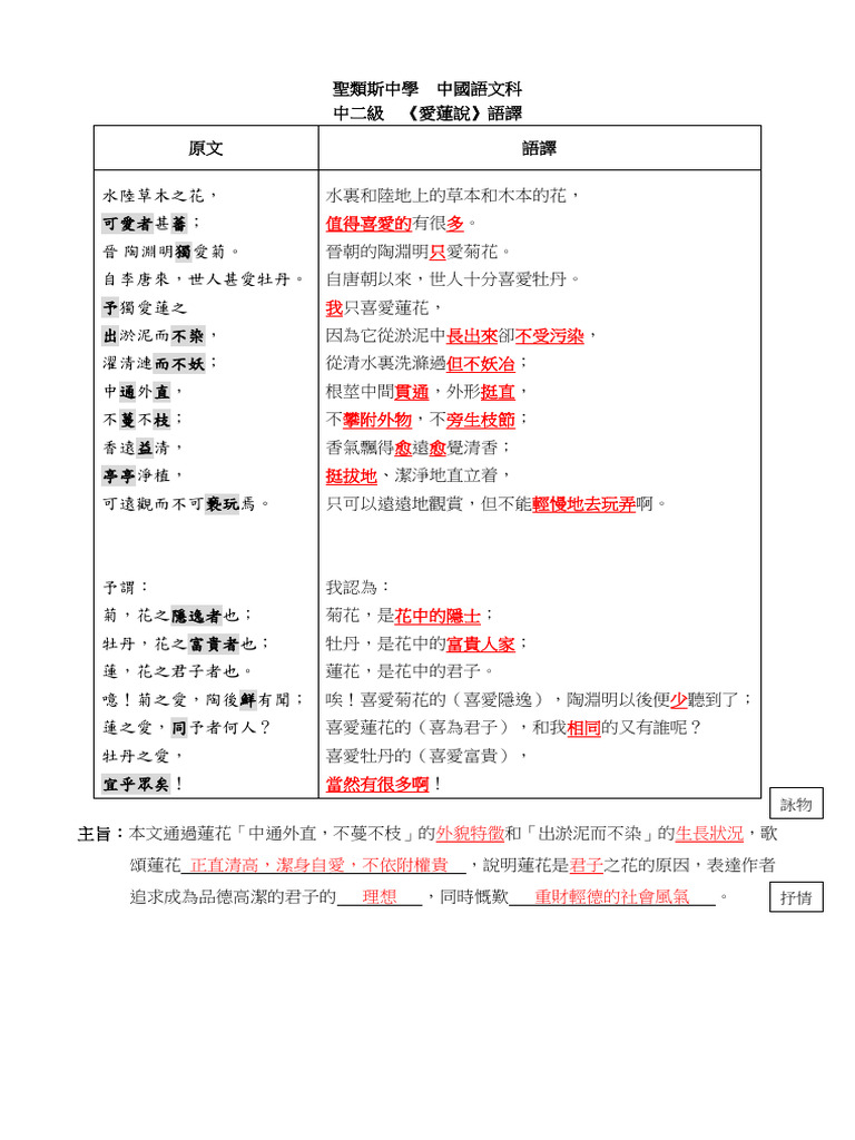 《愛蓮說》、《醜石》工作紙答案 | PDF
