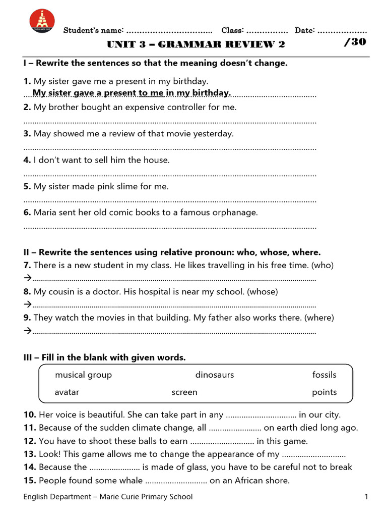 G5 - Unit 3 - Grammar Review 2 | PDF