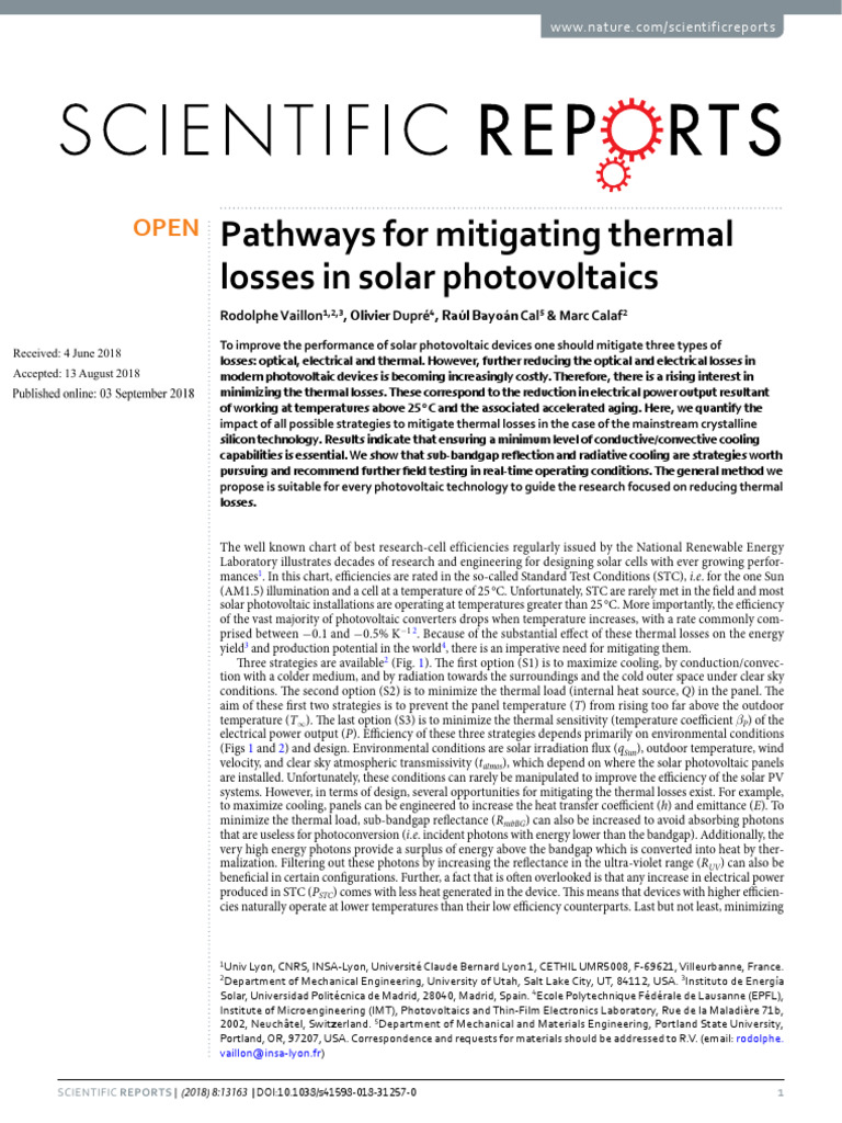Pathways For Mitigating Thermal Losses in Solar Photovoltaic | PDF