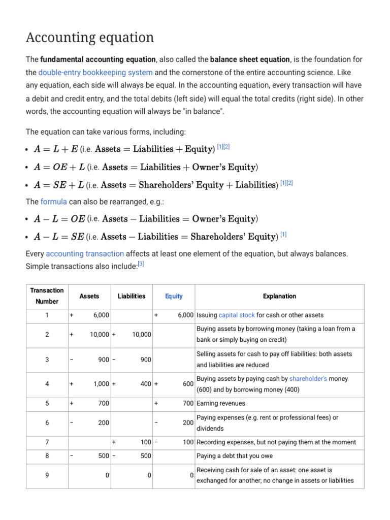 Accounting Equation - Wikipedia | PDF