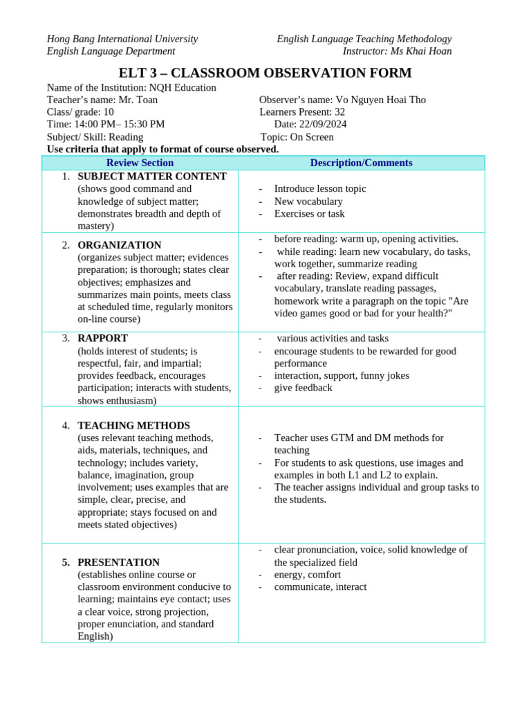 ELT3 - Classroom Observation Form | PDF