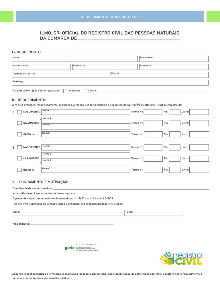 Requerimento Inteiro Teor A Preencher Assinado | PDF