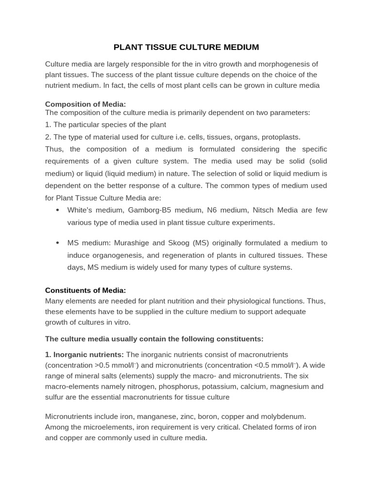 Plant Tissue Culture Medium | PDF