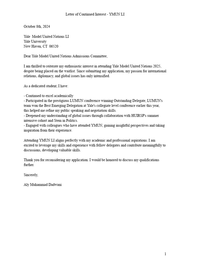 Letter of Continued Interest YMUN LI | PDF