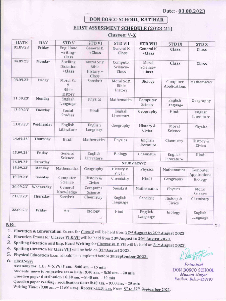 CL.V-X First Assessment Schedule (2023-24) | PDF