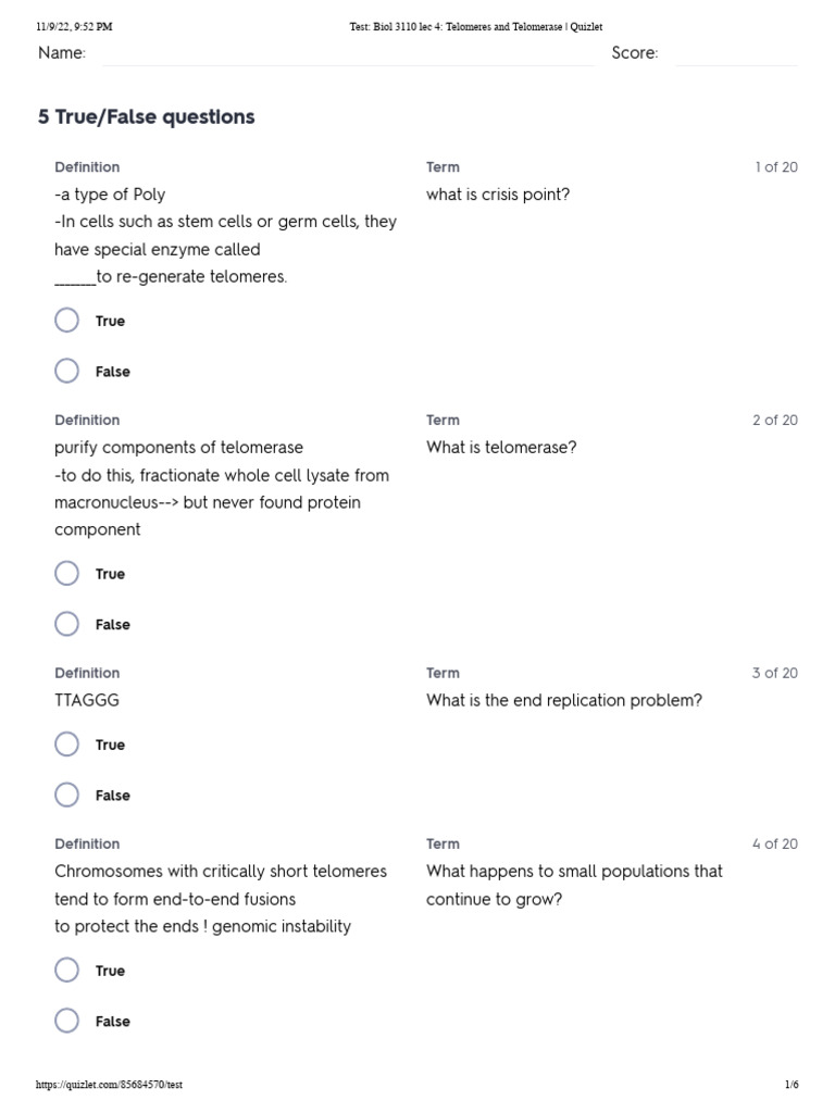 Test - Biol 3110 Lec 4 - Telomeres and Telomerase - Quizlet | PDF