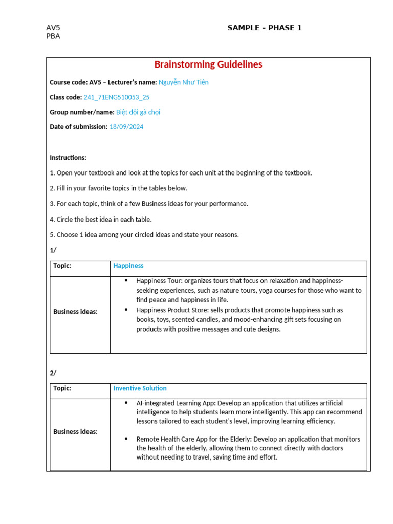 Anh Văn 5 - Sample PBA Manual - PHASE 1 - Brainstorming Guidelines | PDF