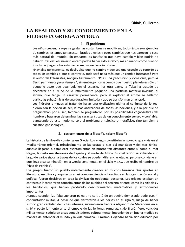 La Realidad y Su Conocimiento en La Filosofía Griega Antigua | PDF