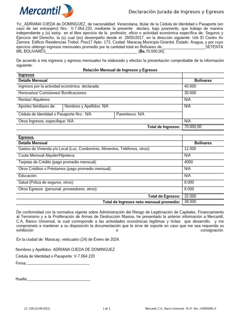 Declaracion Jurada de Ingresos y Egresos 2024 | PDF