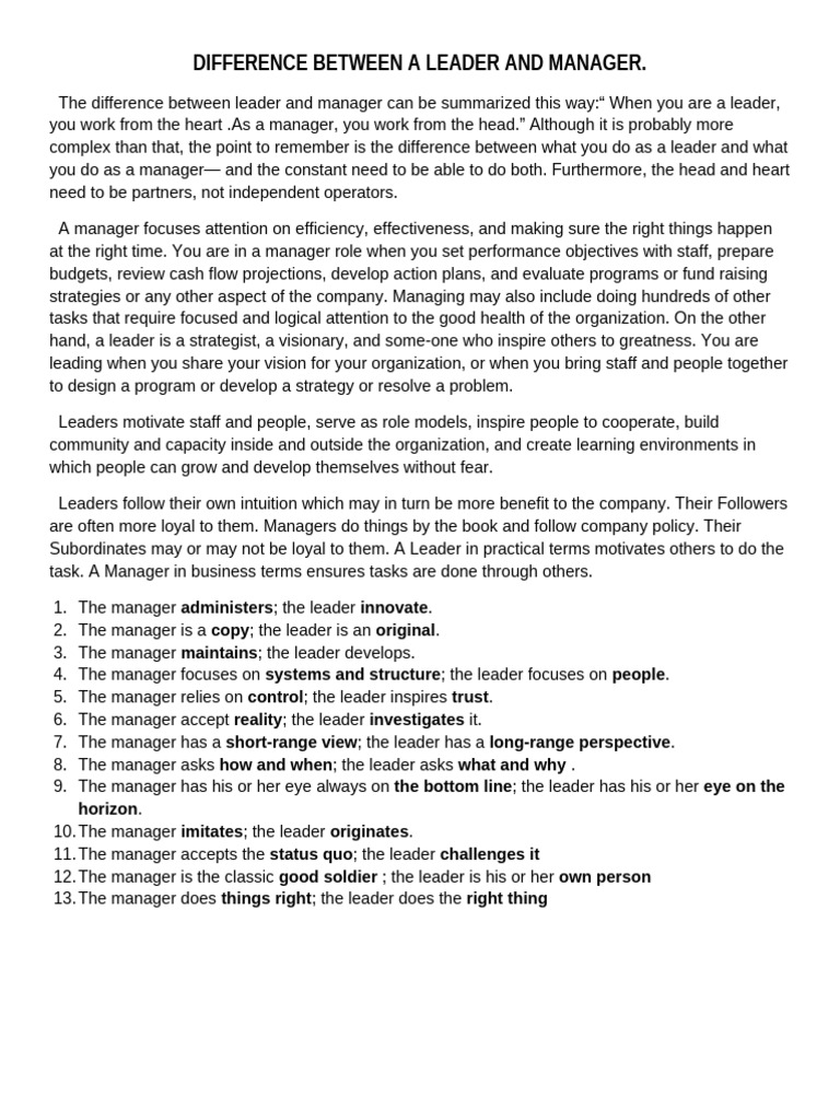 DIFFERENCE BETWEEN A LEADER AND MANAGER | PDF