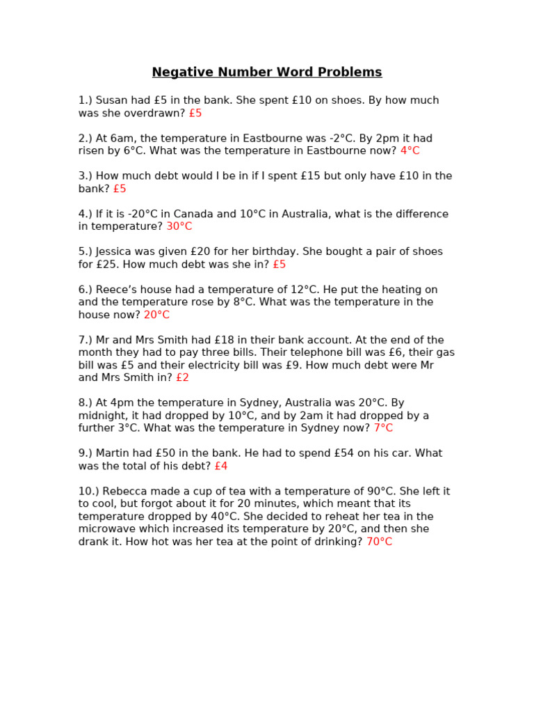Negative Number Word Problems Answers LA | PDF