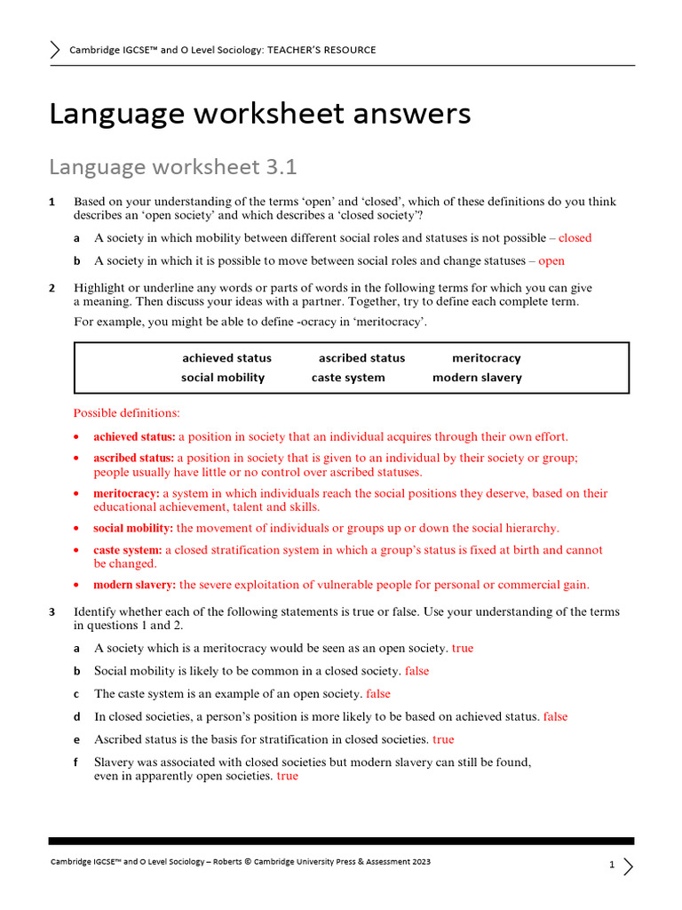 IGCSE Sociology TR Language Worksheet 3.1 Answers | PDF