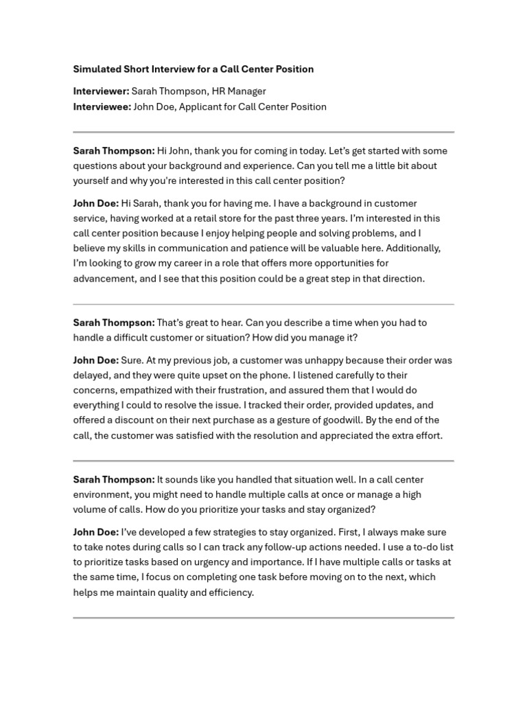 Call Center Interview Simulation Guide | PDF | Psychology | Human ...