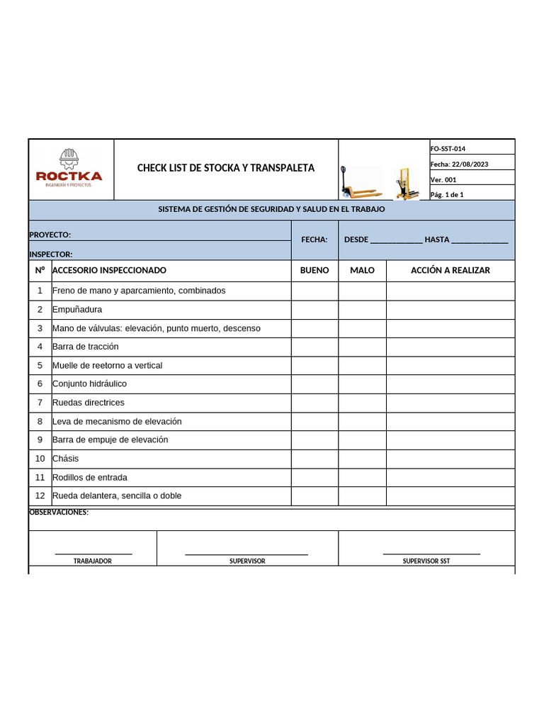 FO-SST-014 Formato de Check List Stocka y Transpaleta | PDF