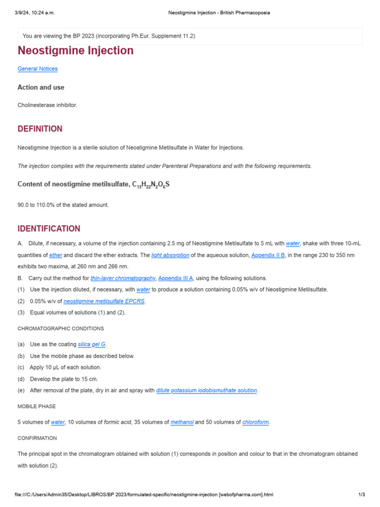 Neostigmine Injection - British Pharmacopoeia | PDF