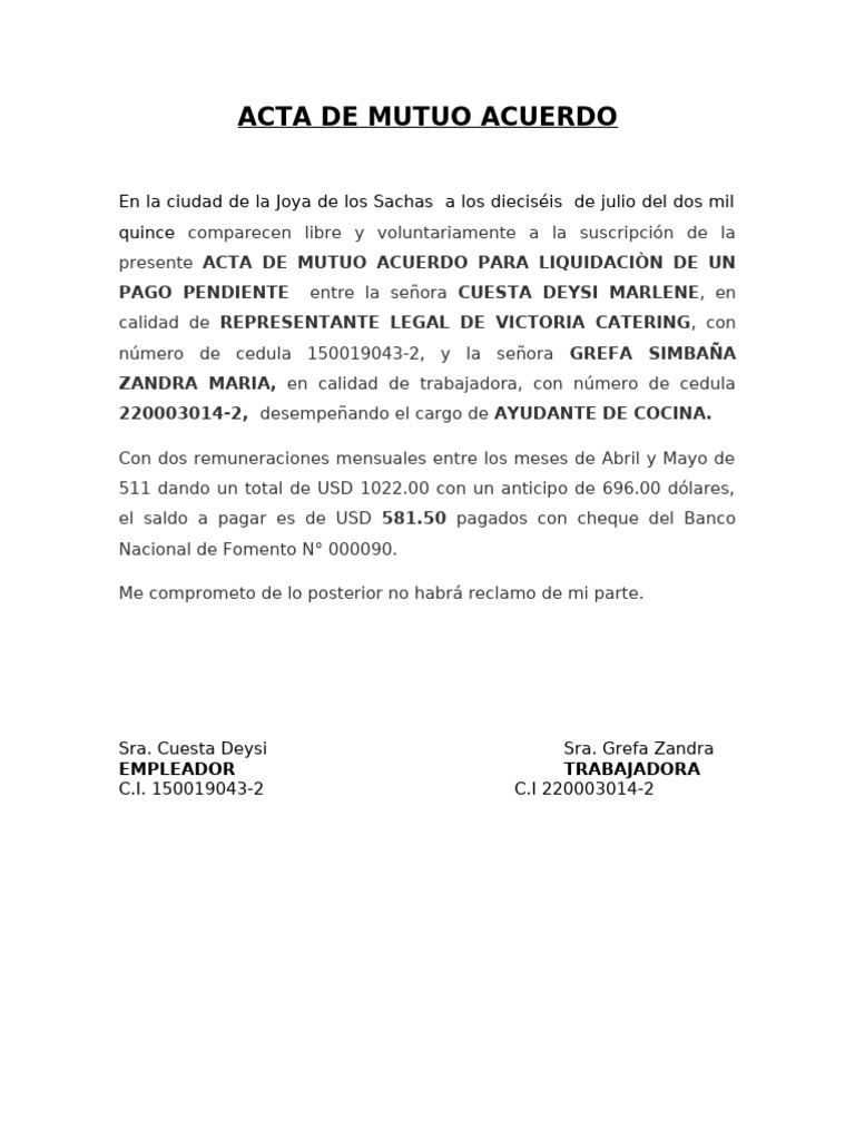 Acta de Mutuo Acuerdo | PDF