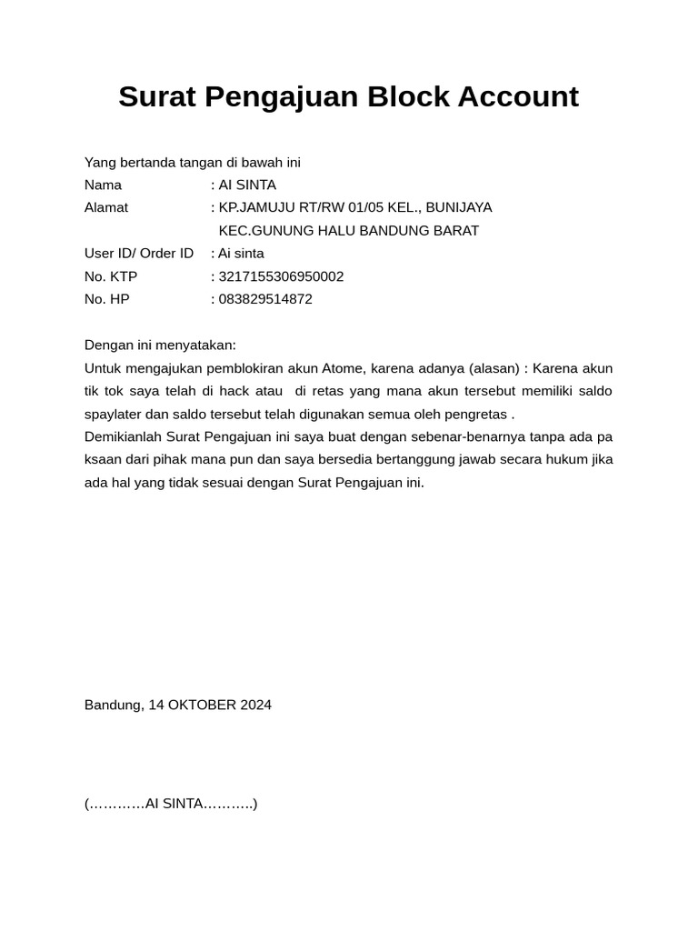Surat Pengajuan Block Account | PDF