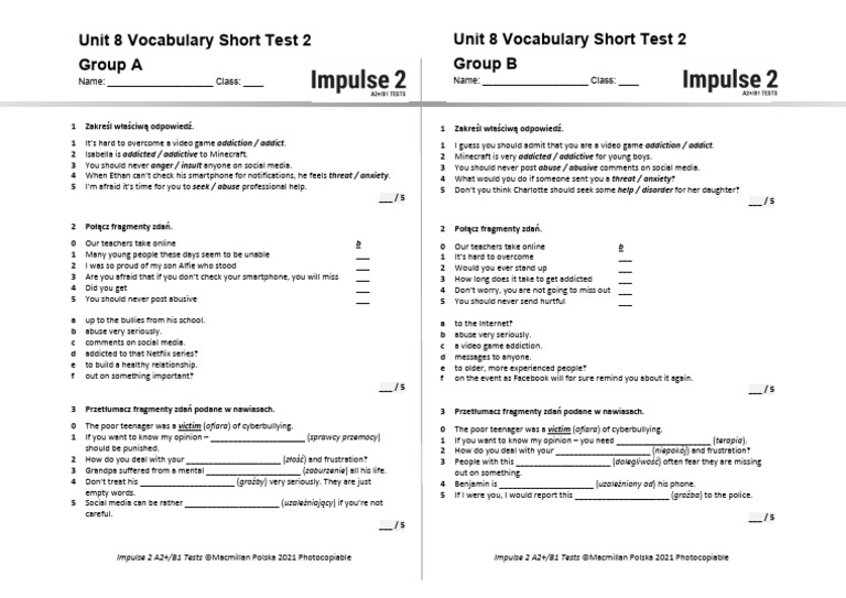 Unit 8 Vocabulary Short Test 2 A+B | PDF