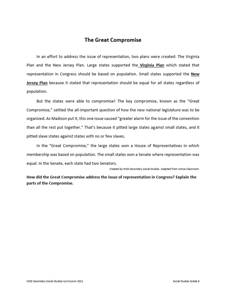 SS8 Great Compromise Reading Unit 4 | PDF