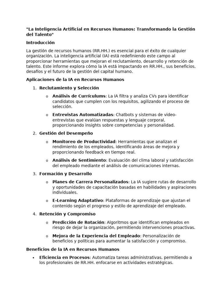 La Inteligencia Artificial en Recursos Humanos | PDF