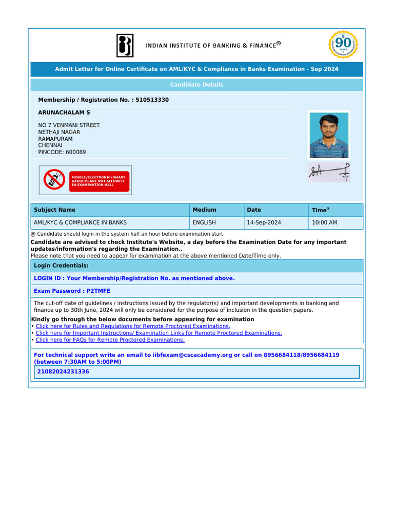 Admit Letter For Online Certificate On AML/KYC & Compliance in Banks ...