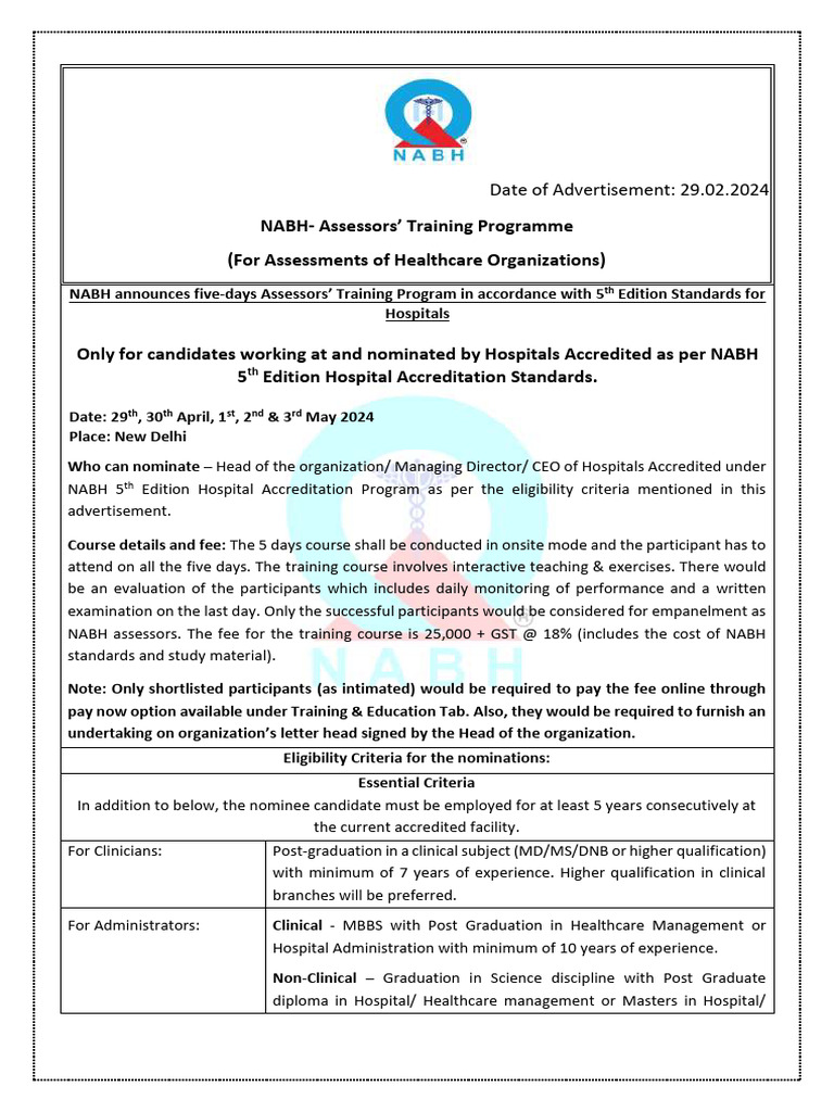 Advertisement NABH Hospital Assessor Training Program PDF