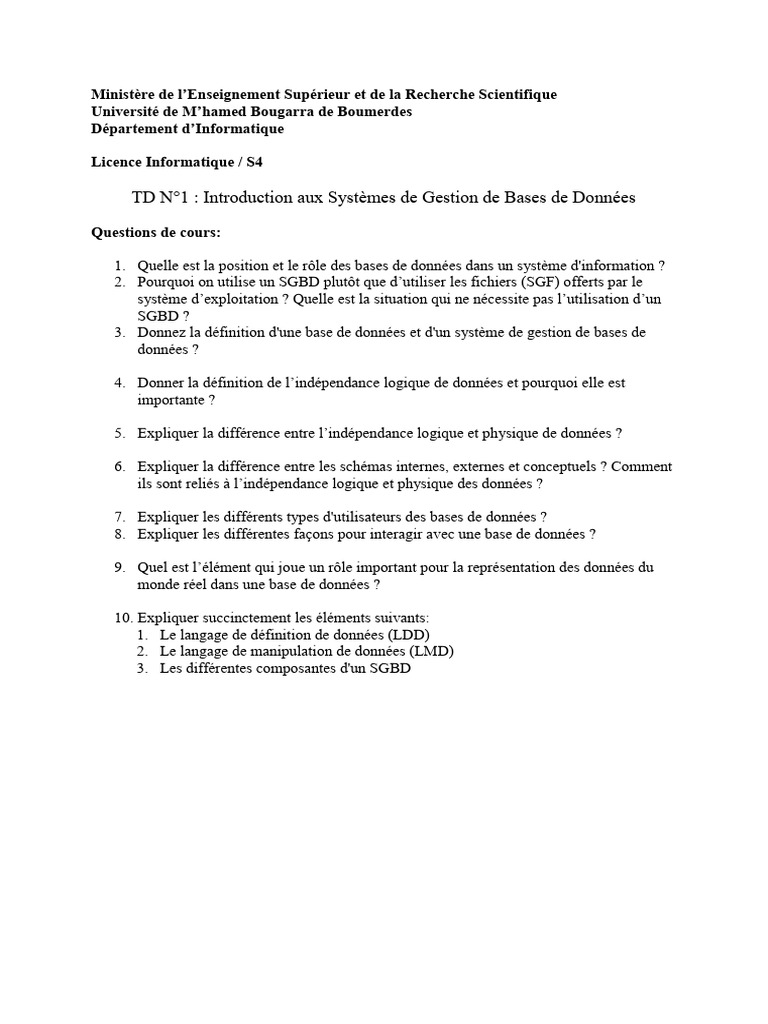 TD1+Solution Base de Données | PDF
