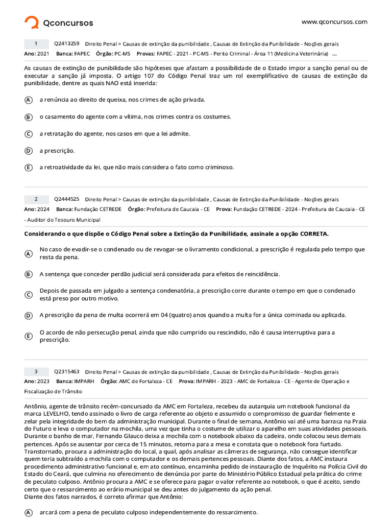 A B C D E: Considerando o Que Dispõe o Código Penal Sobre A Extinção Da ...