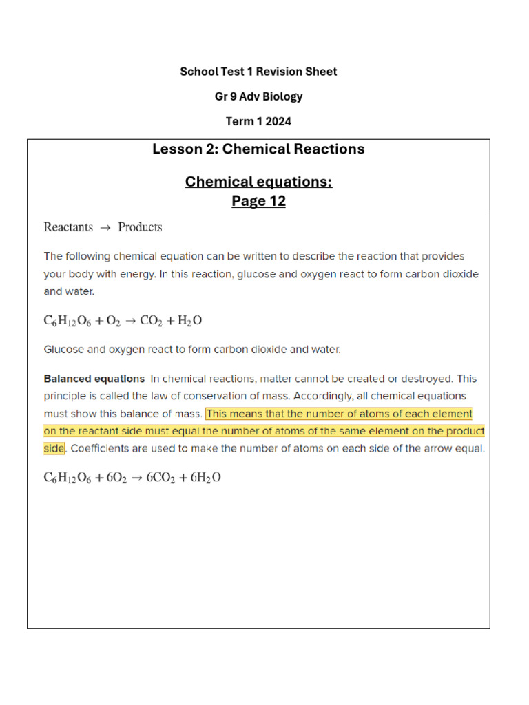 Lesson 2: Chemical Reactions Chemical Equations:: School Test 1 ...