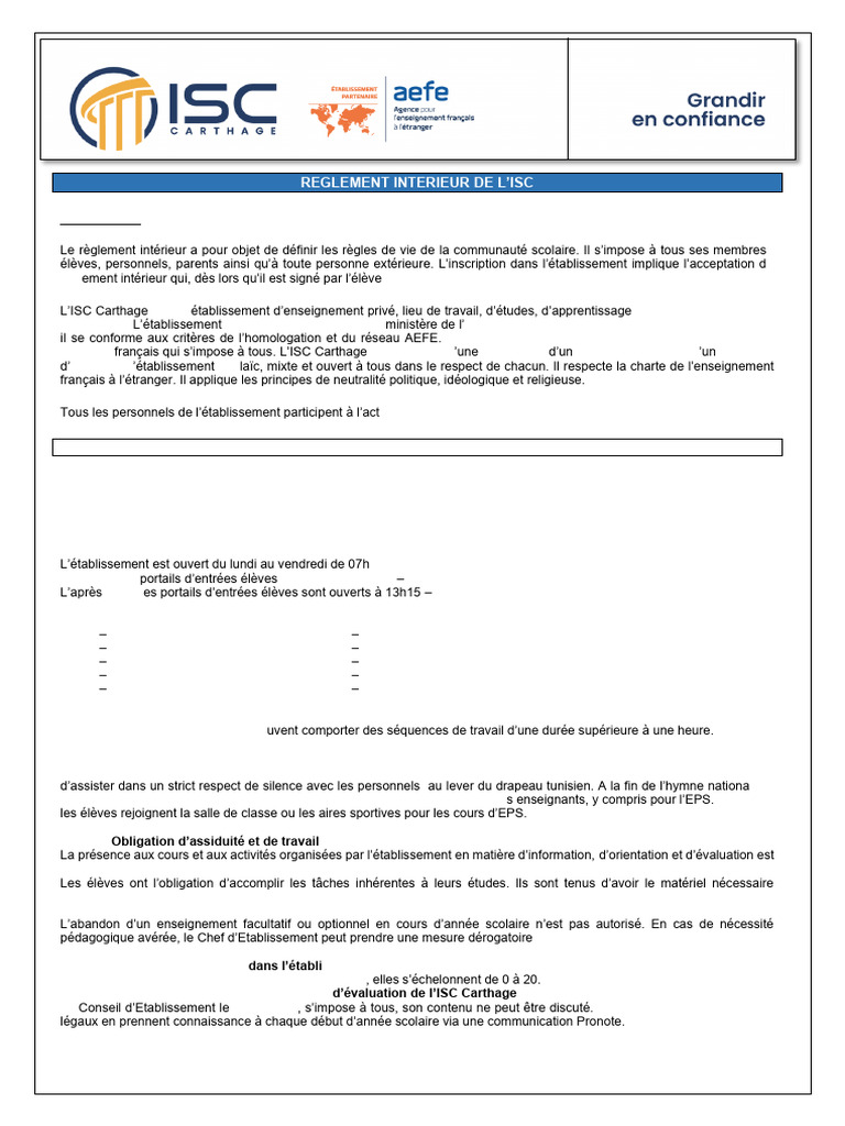Règlement Intérieur de l'ISC Carthage | PDF | Enseignants | Bien-être