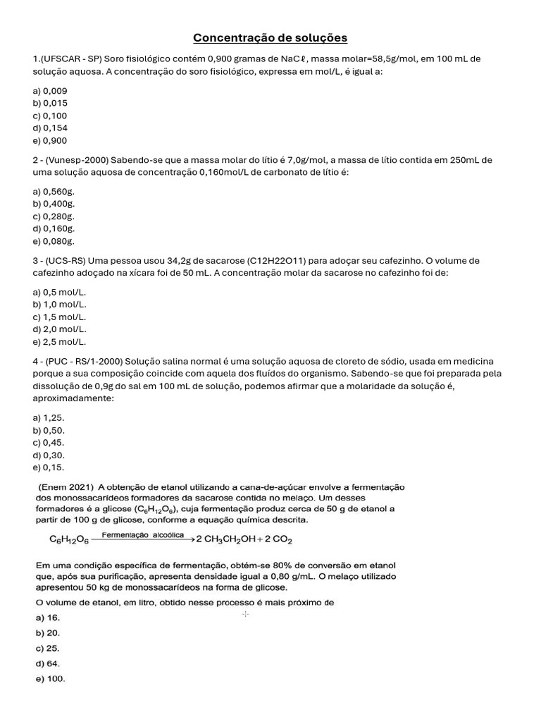 Exercícios sobre Concentração de Soluções | PDF