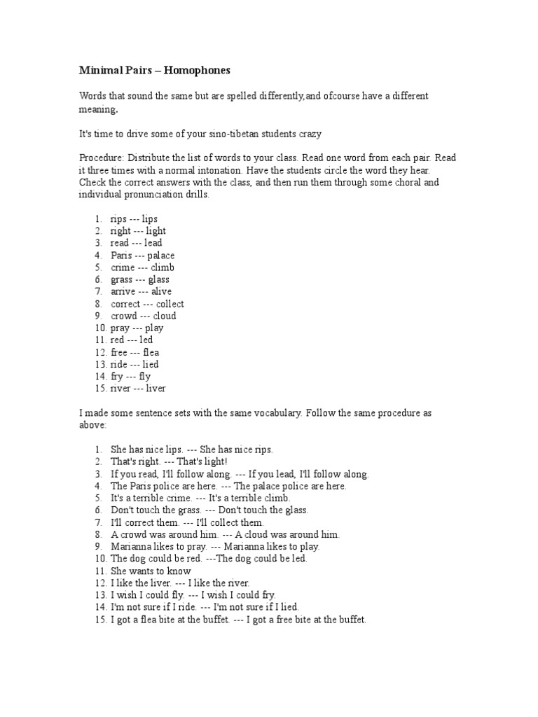 Minimal Pairs - Homophones | PDF | Semiotics | Communication