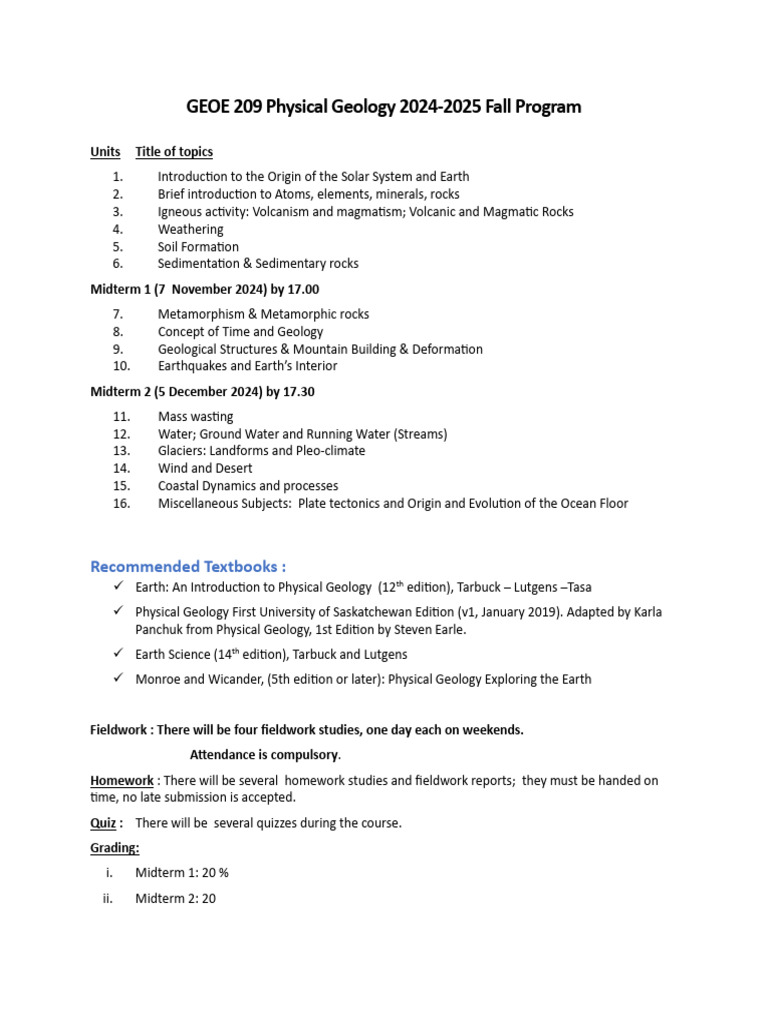 GEOE 209 Physical Geology 2024-2025-Syllabus | PDF