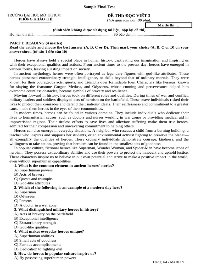 SAMPLE FINAL TEST - ĐỌC VIẾT 3 | PDF