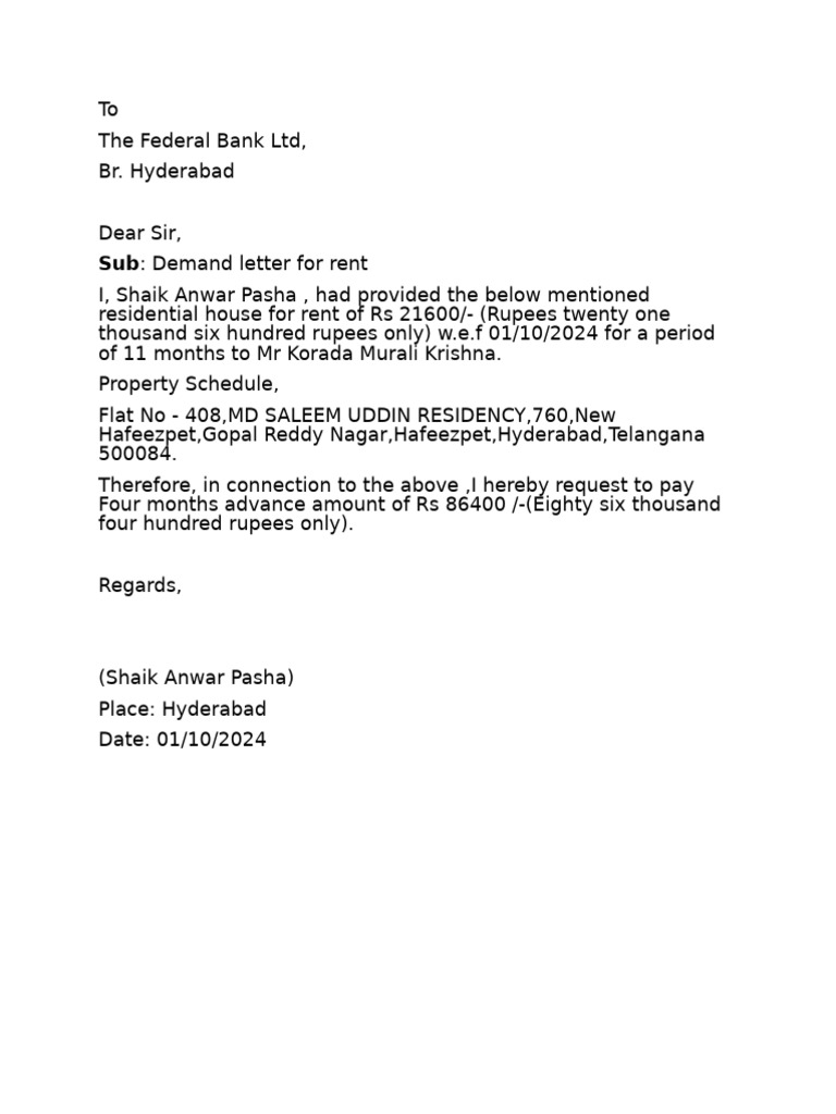 Adavance Rent For Murali | PDF