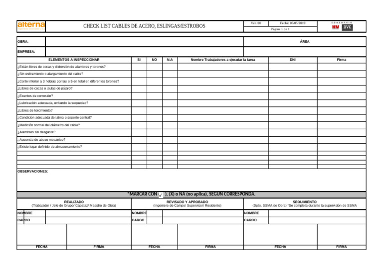 Check List Cables de Acero, Eslingas Estrobos Ver.00 | PDF