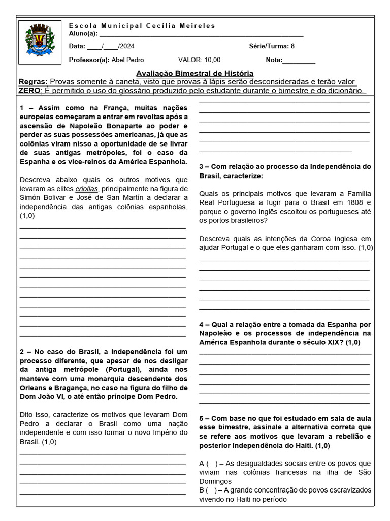 8 Ano 3 Bimestre 2024 (1) - História | PDF