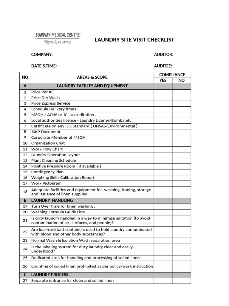 Laundry Visit Checklist 2024 - Latest Revision | PDF