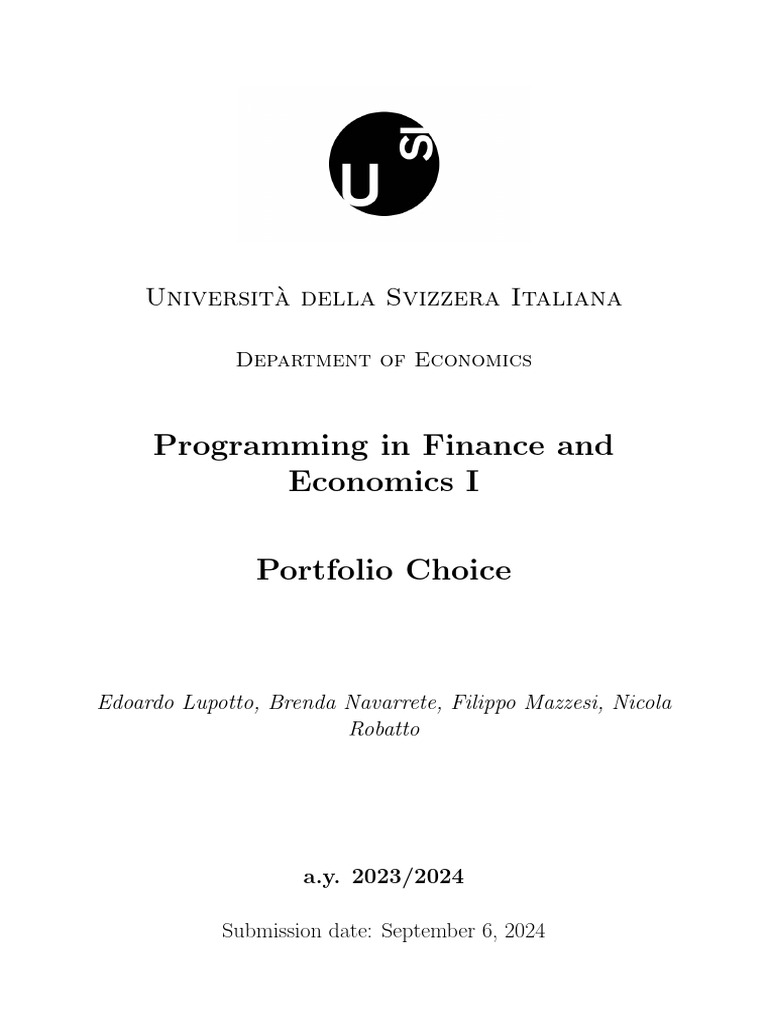 Programming in Finance and Economics I: Universit' A Della Svizzera ...