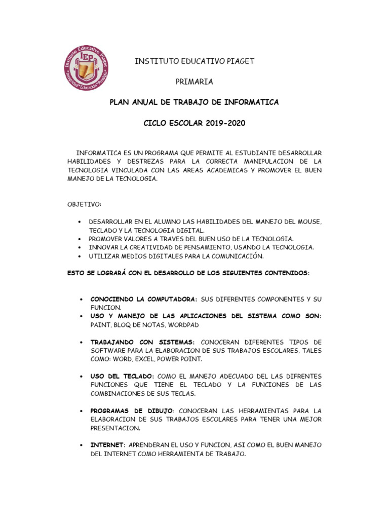 Plan Anual de Informática Primaria 2019-2020 | PDF | Informática ...