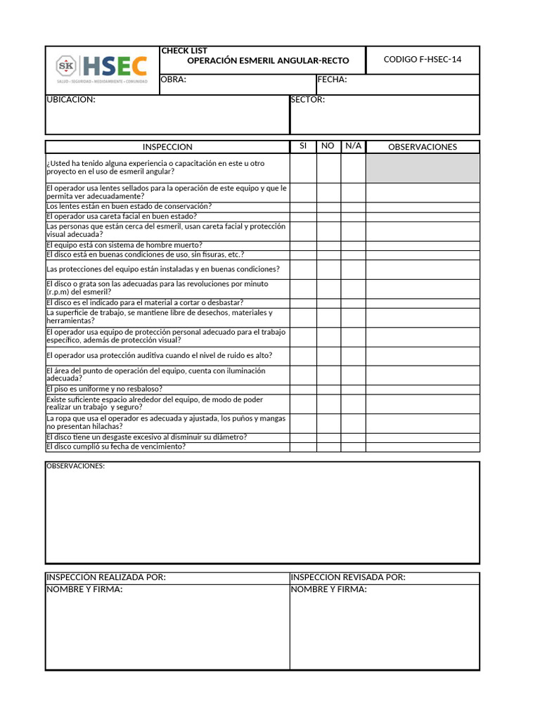 Checklist Esmeril Angular Recto | PDF