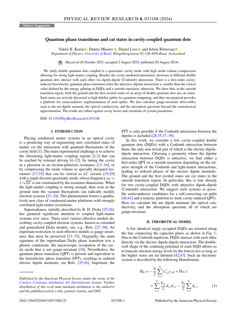 Quantum Phase Transitions and Cat States in Cavity-Coupled Quantum Dots ...