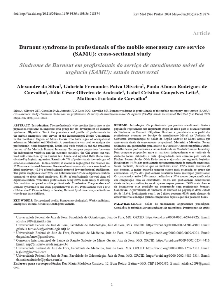 Burnout Syndrome in Professionals of The Mobile Emergency Care Service ...
