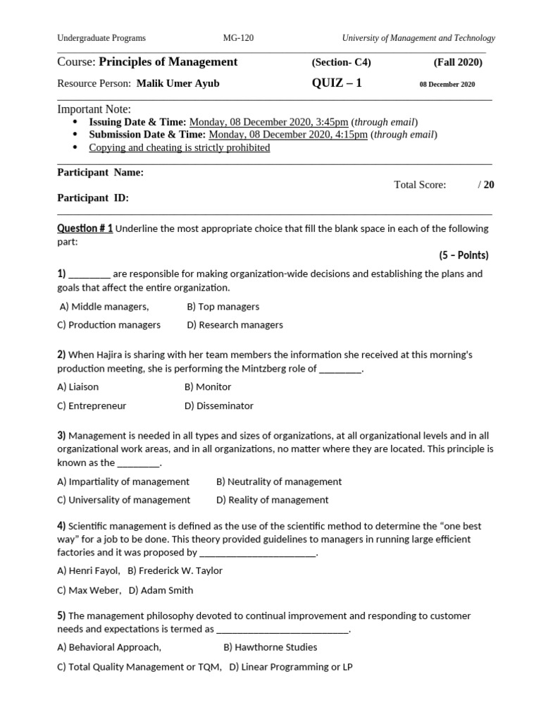 Principles of Management Quiz - Fall 2020 | PDF | Business Economics ...