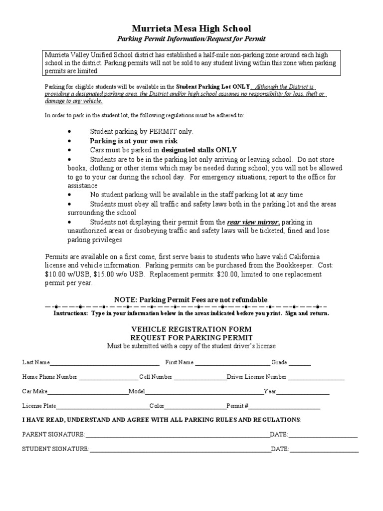 Parking Permit Form Parking Lot License
