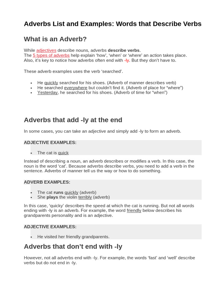 Adverbs list and examples for students pdf adverb adjective