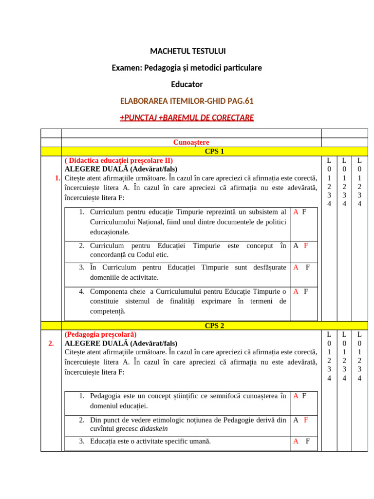 Itemi Educație Timpurie (Educator) | PDF