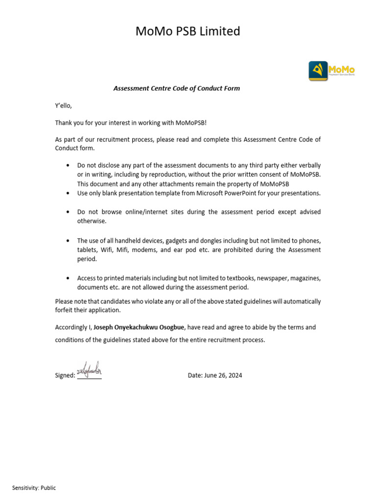 Virtual Supervised Assessment Centre Code of Conduct - MoMo PSB | PDF